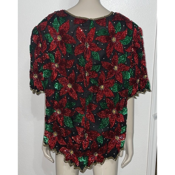 VTG Laurence Kazar Women's Black Sequined Beaded Poinsettia Christmas Top 2X NWT - Picture 4 of 16